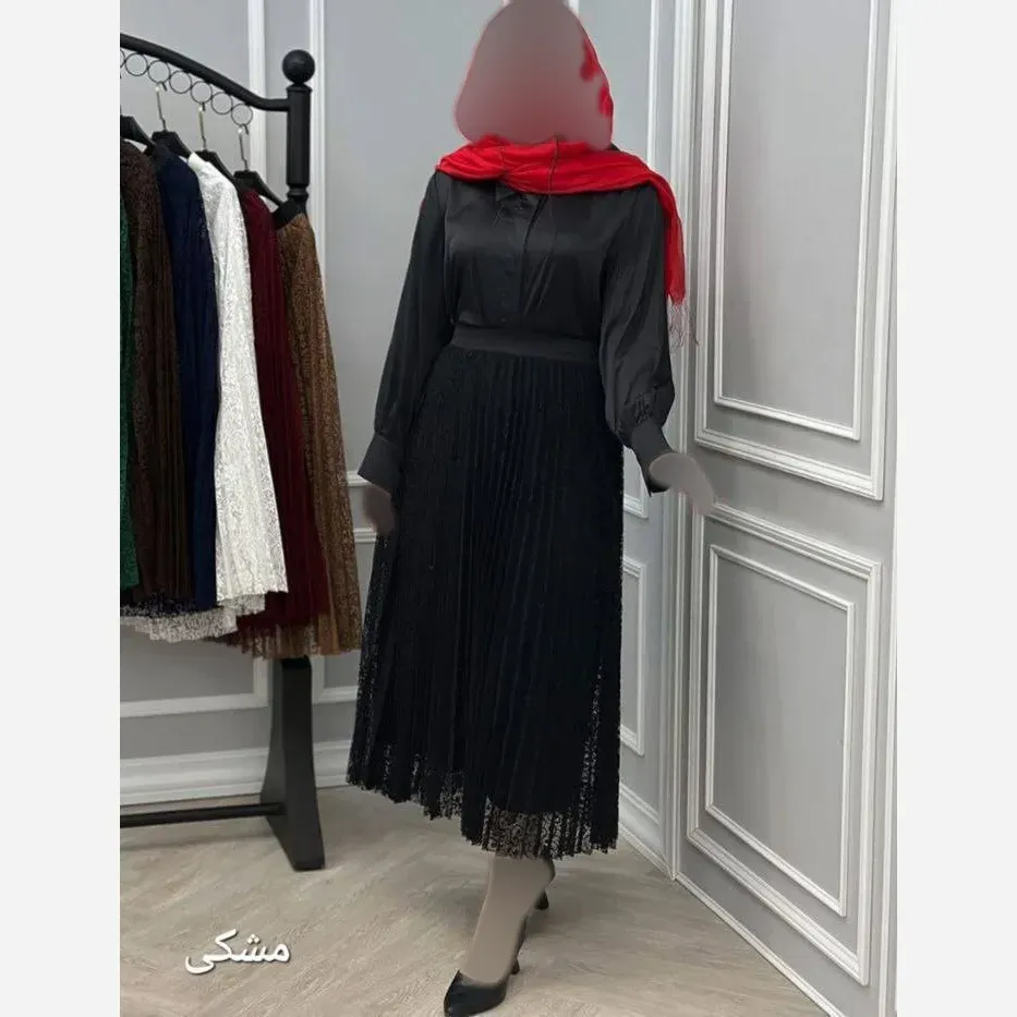 دامن گیپور پلیسه آستردار مشکی سایز 38 تا 48