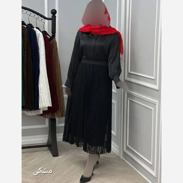 دامن گیپور پلیسه آستردار مشکی سایز 38 تا 48