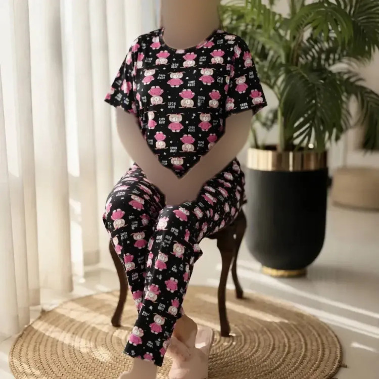 ست تیشرت و شلوار راحتی زنانه نخی فری سایز
