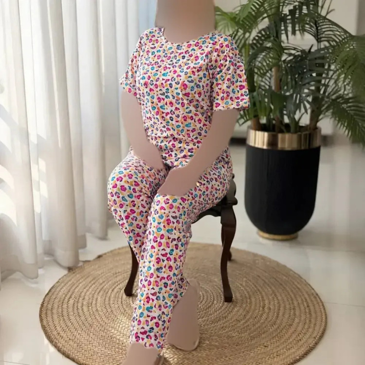 ست تیشرت و شلوار راحتی زنانه نخی فری سایز