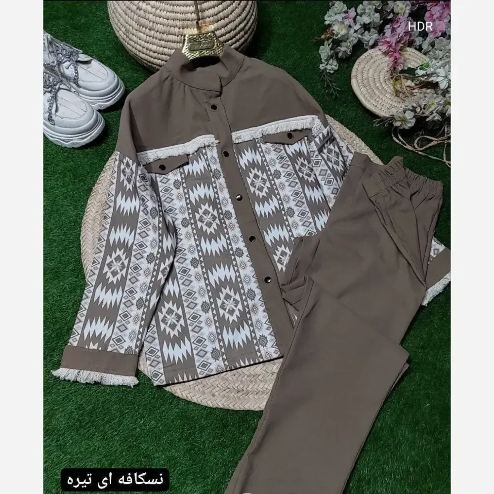 ست کیهان زنانه کتان کشی آستردار پسته ای فری سایز 38 تا 46