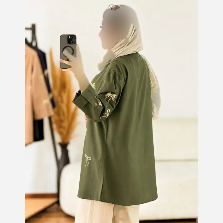 مانتو کتان چیترا گلدوزی شده پاپیون دار جنس کتان پنبه وارداتی ترک فری سایز