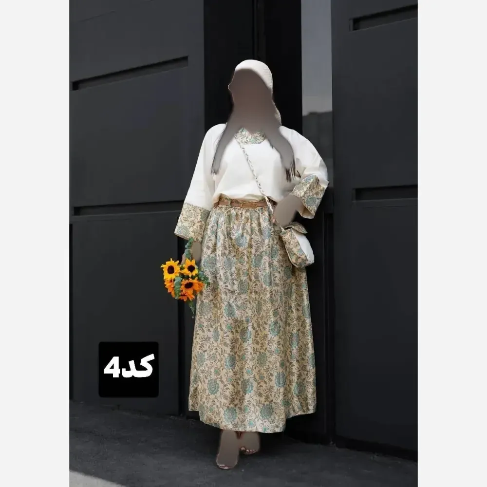ست 4 تیکه شومیز و دامن لینن وارداتی کاترینا با کیف و کمربند سایز 38 تا 46