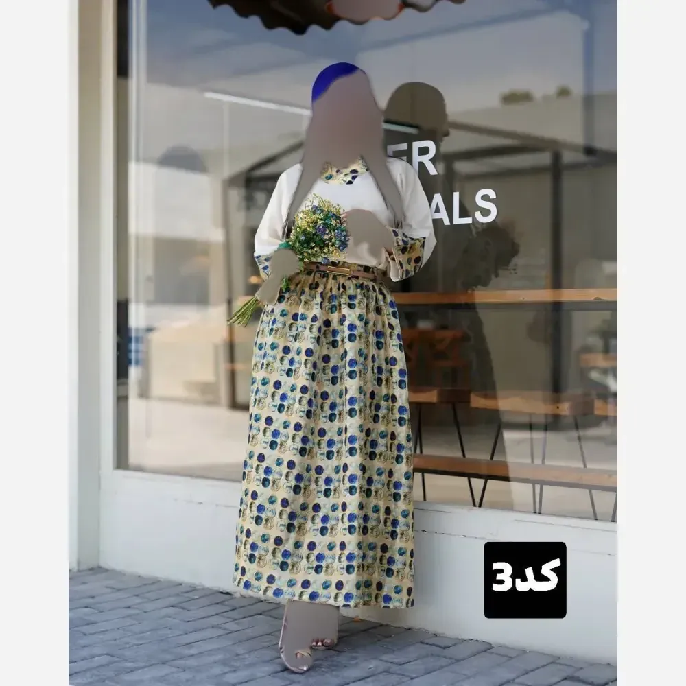 ست 4 تیکه شومیز و دامن لینن وارداتی کاترینا با کیف و کمربند سایز 38 تا 46