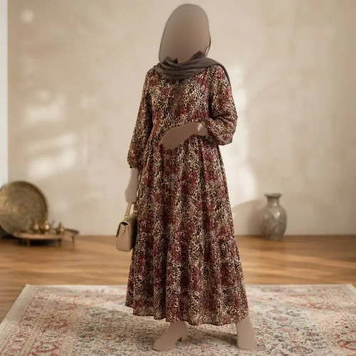 پیراهن پلنگی رنگی فلور نخ بوگاتی فری سایز 38-48 قد 135 دور سینه 110