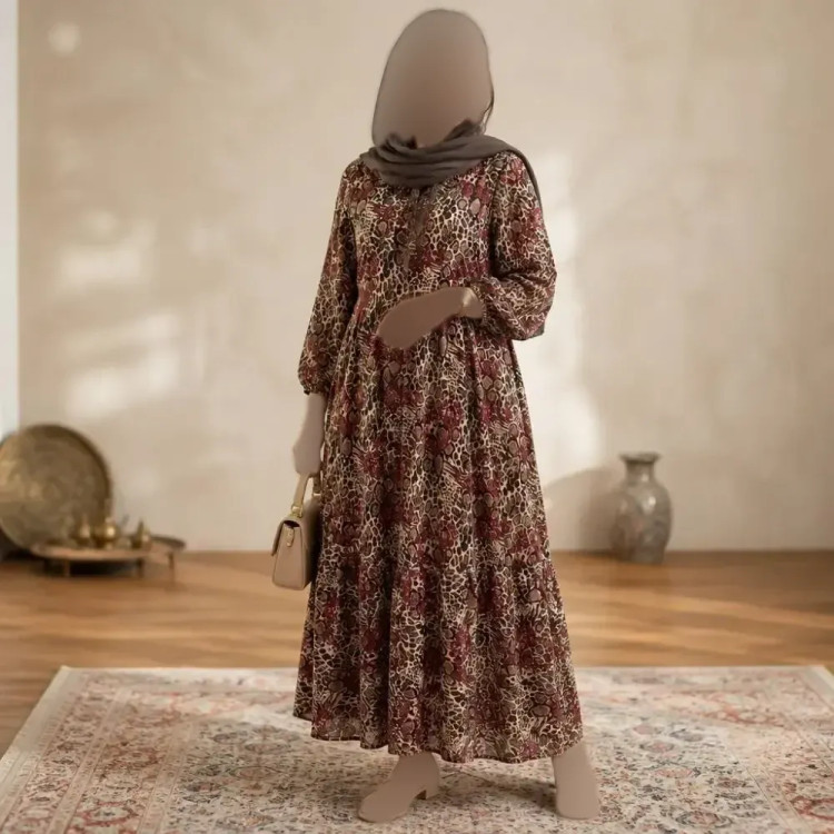 پیراهن پلنگی رنگی فلور نخ بوگاتی فری سایز 38-48 قد 135 دور سینه 110