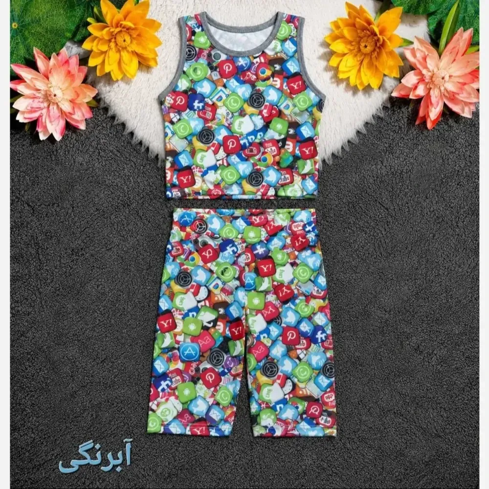 ست ورزشی نیم تنه و شلوارک فلامنت کشی فری سایز رنگ بندی متنوع