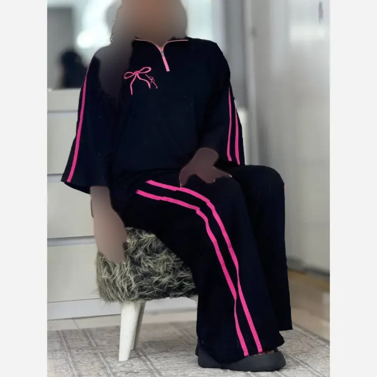 ست تیشرت و شلوار زنانه ژاله نخ پنبه فری سایز بیرون پوش سفید مشکی صورتی مشکی