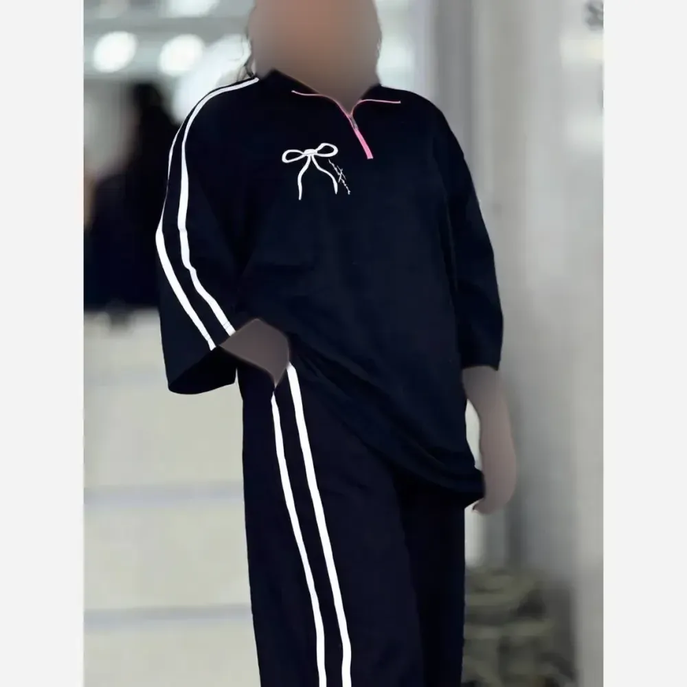 ست تیشرت و شلوار زنانه ژاله نخ پنبه فری سایز بیرون پوش سفید مشکی صورتی مشکی