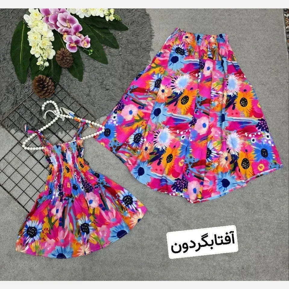 ست تاپ و دامن نخی زنانه فری سایز ضد حساسیت طرح آفتابگردان و گل