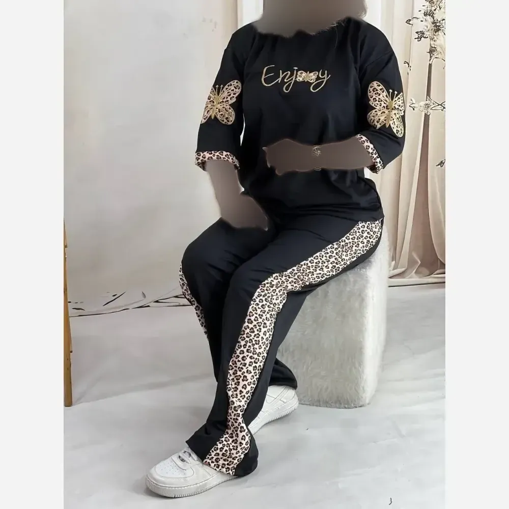 ست تیشرت شلوار پنبه گلکسی طرح پلنگی مدل enjoy سایز فری