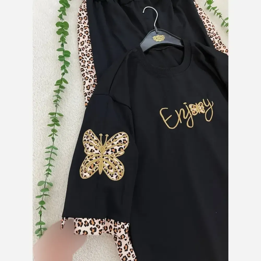 ست تیشرت شلوار پنبه گلکسی طرح پلنگی مدل enjoy سایز فری