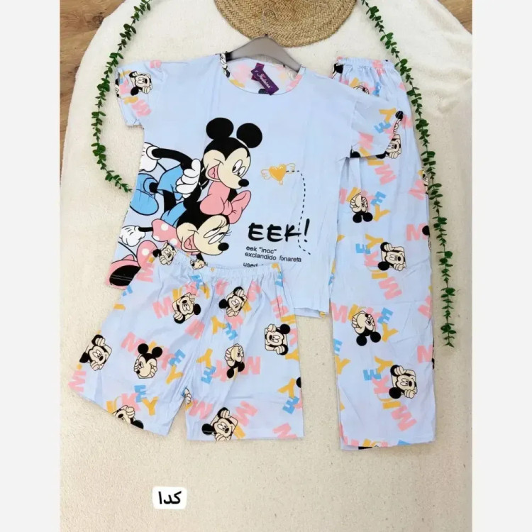 ست سه تیکه راحتی نخ پنبه خارجی تیشرت و شلوار و شورتک فری سایز