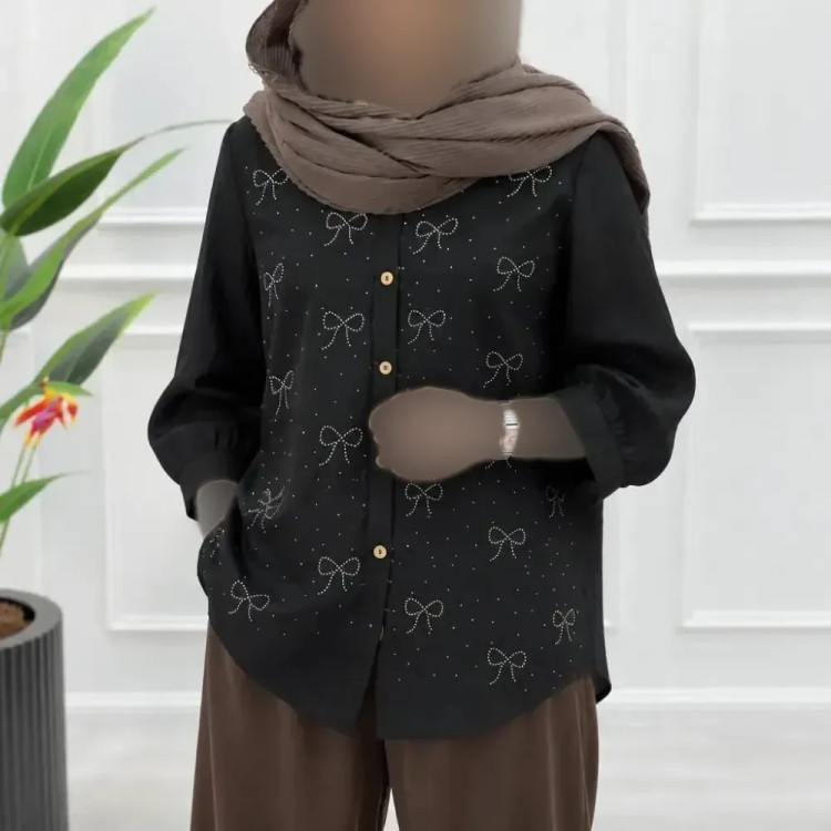 شومیز مانتویی نگین پاپیون شانتون زنانه قد 80 تا 85 رنگبندی متنوع سایزبندی کامل
