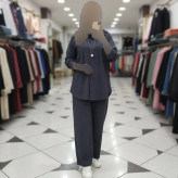 ست مانتو شلوار بسکوییتی مراکشی فری سایز زنانه در رنگبندی سبزیشمی، خاکستری و کاراملی