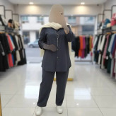 ست مانتو شلوار بسکوییتی مراکشی فری سایز زنانه در رنگبندی سبزیشمی، خاکستری و کاراملی