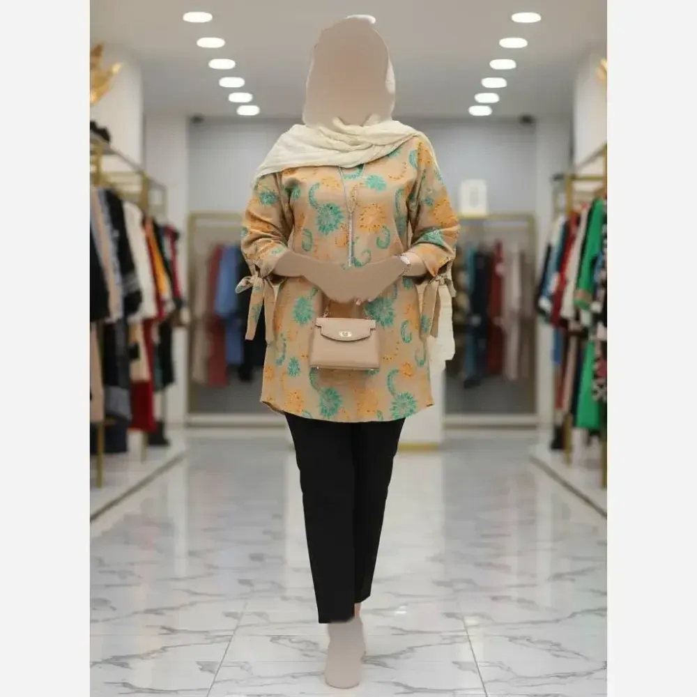 شومیز خامه دوزی ماهور فری سایز جنس شانتون کرم نسکافه ای