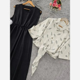ست شومیز گره ای و سارافون شایلی جنس شانتون فری سایز رنگ نسکافه ای مشکی کرم مشکی