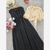 ست شومیز گره ای و سارافون شایلی جنس شانتون فری سایز رنگ نسکافه ای مشکی کرم مشکی