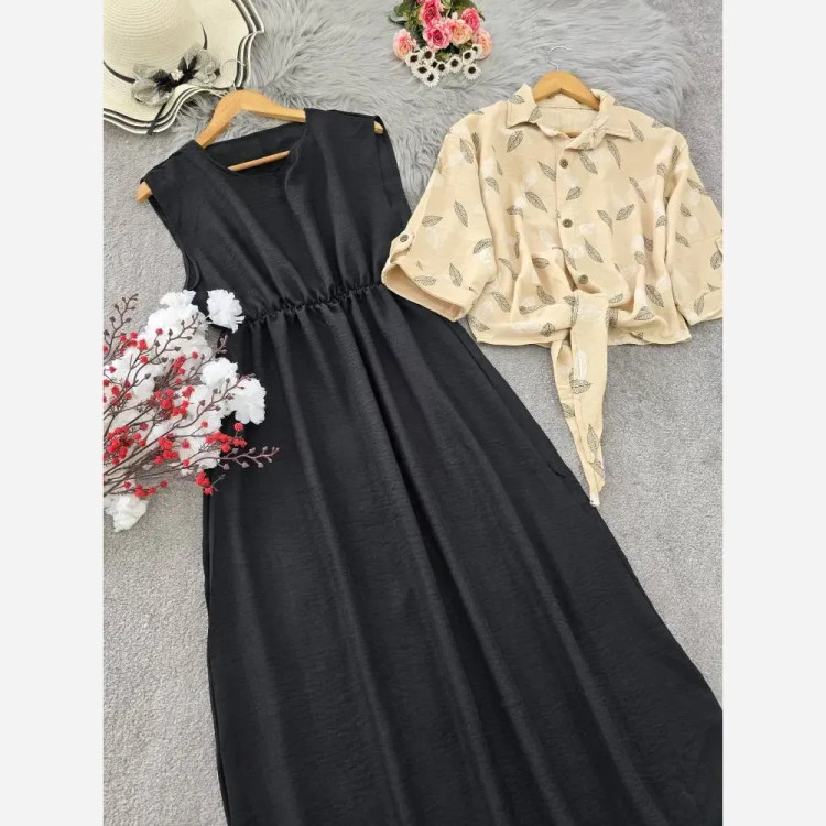 ست شومیز گره ای و سارافون شایلی جنس شانتون فری سایز رنگ نسکافه ای مشکی کرم مشکی