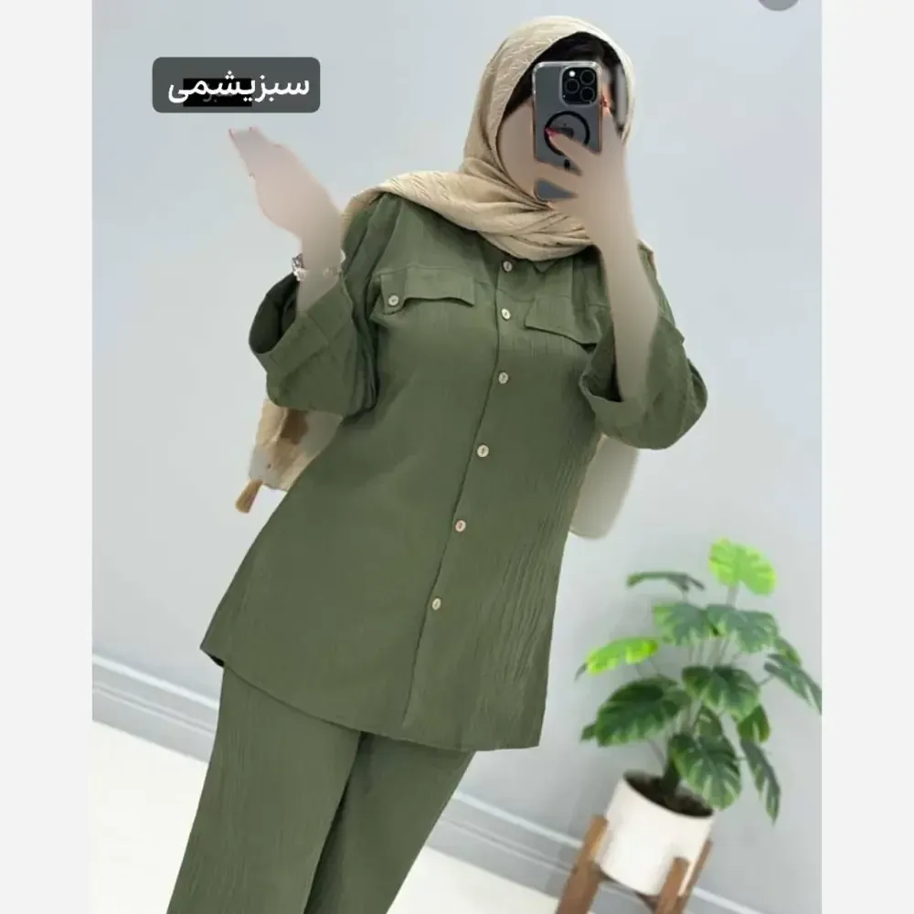 ست شومیز و شلوار زنانه مهدخت قواره دار لوک زیپی اعلا مشکی یشمی سایز 40 تا 52 فری