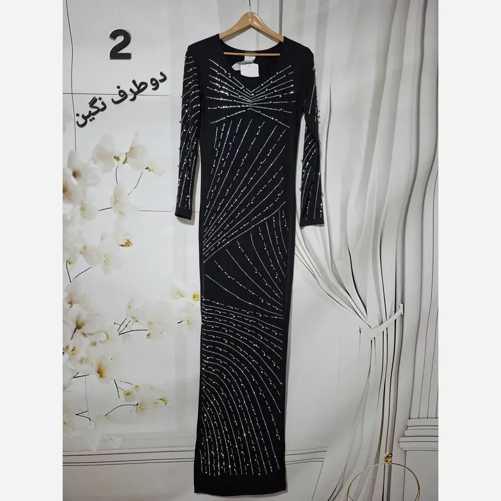 ماکسی مجلسی ریون کشی درجه یک منجوق و نگین کاری شده چاکدار فری سایز