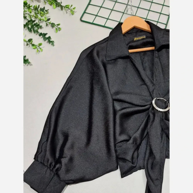 شومیز گره ای ساتن ابریشمی مشکی سایز 38 تا 46