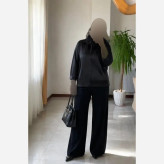 شومیز ساتن ابریشم رضوان مشکی سایز 38 تا 46
