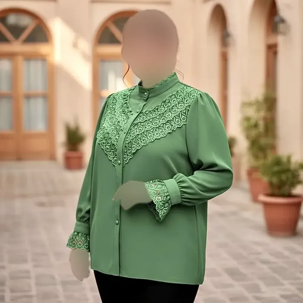 شومیز زنانه نسترن مزون دوز جنس الیزه مصری اعلا خرج کار گیپور ترک وارداتی سبز کرم مشکی آبی سفید