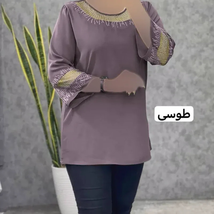 بلوز زنانه مجلسی قواره دار سایز بزرگ کرپ الیزه و حریر نگین کاری شده
