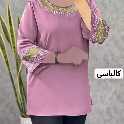 بلوز زنانه مجلسی قواره دار سایز بزرگ کرپ الیزه و حریر نگین کاری شده