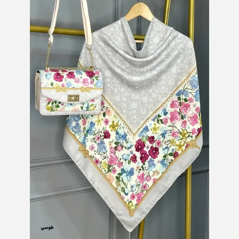 ست کیف و روسری آنام مخمل و چرم صنعتی نخی منگوله دار رنگبندی صورتی طوسی سبز قواره 130 سایز کیف 17×23