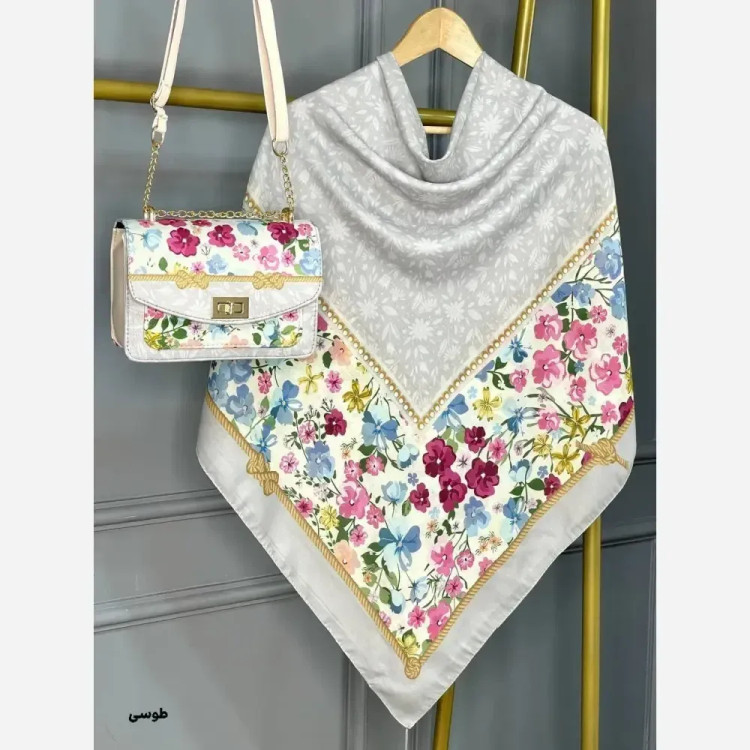 ست کیف و روسری آنام مخمل و چرم صنعتی نخی منگوله دار رنگبندی صورتی طوسی سبز قواره 130 سایز کیف 17×23