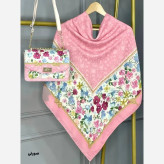 ست کیف و روسری آنام مخمل و چرم صنعتی نخی منگوله دار رنگبندی صورتی طوسی سبز قواره 130 سایز کیف 17×23