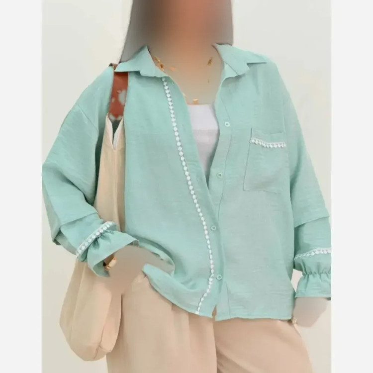 شومیز مانتویی لبه دانتل جنس تترون نخ رنگ بندی متنوع فری سایز