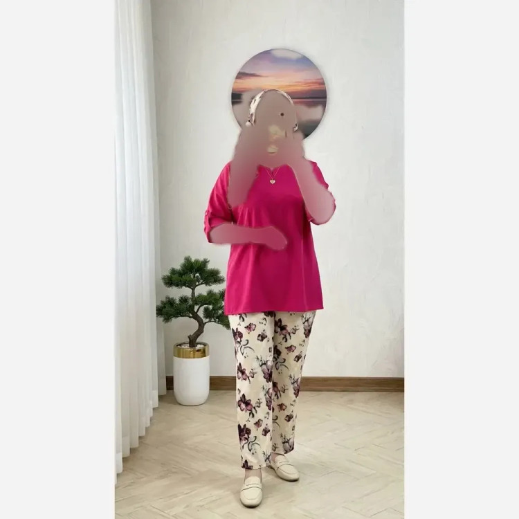 ست شومیز و شلوار زنانه آفاق لنین پلاس شانتون فری سایز تا 48 رنگ مشکی آجری سرخابی