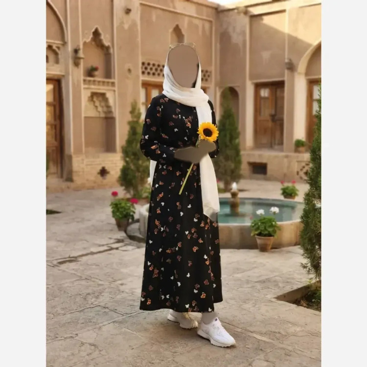 پیراهن پروانه طلایی مشکی فری سایز سوپرسافت یقه چین دار آستین مچی کمر کش قد 140