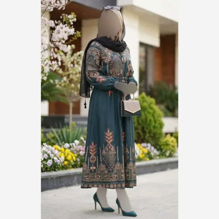 پیراهن کتیبه کلوش زنانه فری سایز جنس بوگاتی اعلاء قد 140