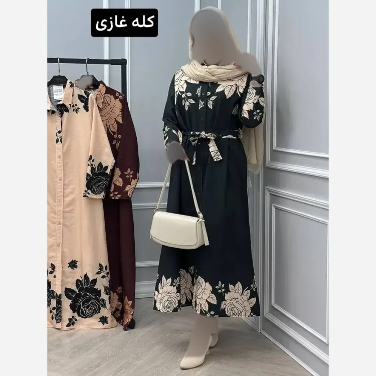 مانتو پیراهنی گل یزدی پفکی درجه یک فری سایز تا 50 قد 130 کرم زرشکی