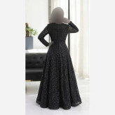 پیراهن مجلسی زنانه گیپور دانتل سنگدوزی مشکی کاپدار سایز بزرگ