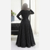 پیراهن مجلسی زنانه گیپور دانتل سنگدوزی مشکی کاپدار سایز بزرگ