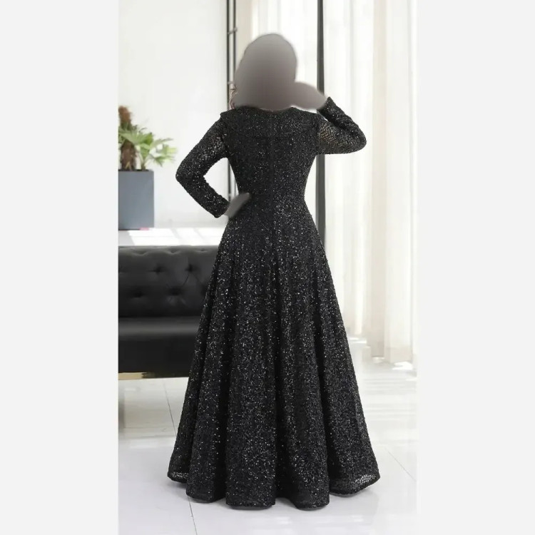 پیراهن مجلسی زنانه گیپور دانتل سنگدوزی مشکی کاپدار سایز بزرگ