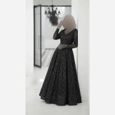 پیراهن مجلسی زنانه گیپور دانتل سنگدوزی مشکی کاپدار سایز بزرگ