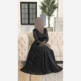 پیراهن مجلسی زنانه گیپور دانتل سنگدوزی مشکی کاپدار سایز بزرگ