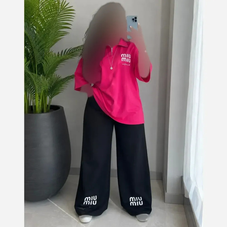 ست تیشرت و شلوار بگ گلکسی نخ پنبه اعلاء زنانه فری سایز تا 48 Miu Miu