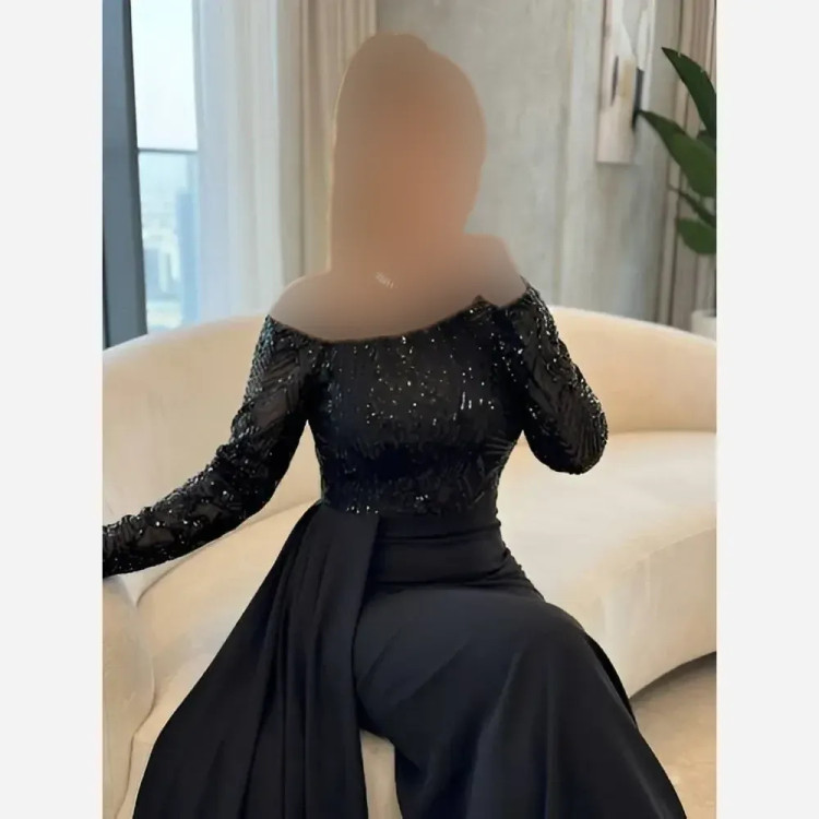 پیراهن مجلسی زنانه بالا تنه پولک برجسته و دامن مازراتی رنگ مشکی سایز بزرگ و نرمال