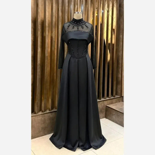 لباس مجلسی زنانه ساتن آمریکایی سنگ دوزی شده و تور مژگان مشکی سایز بزرگ