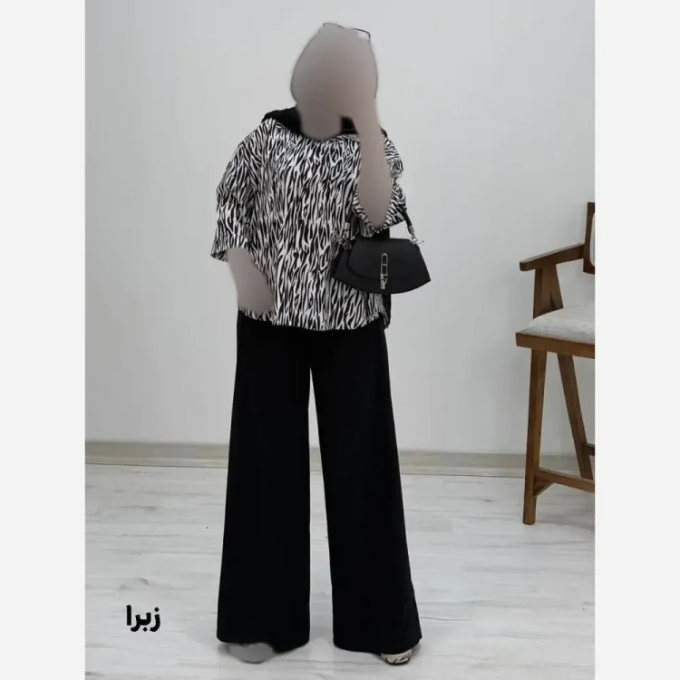 شومیز شلوار طرح دار کرپ بوگاتی فری سایز 38 تا 46