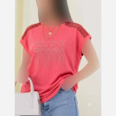 شومیز باکسی نگینی طرح SMILE نخ پنبه صورتی فری سایز