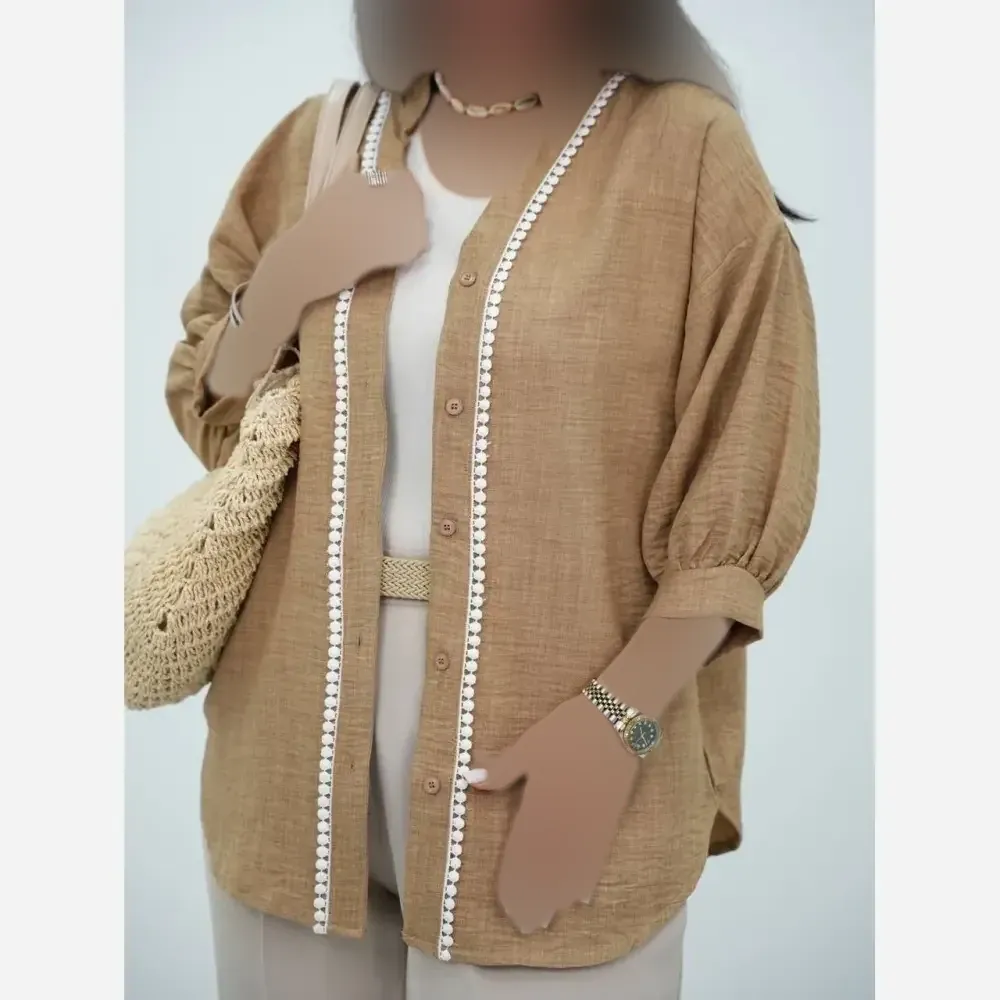 شومیز مانتویی دیار جنس شانتون اعلا فری سایز نسکافه ای موکا